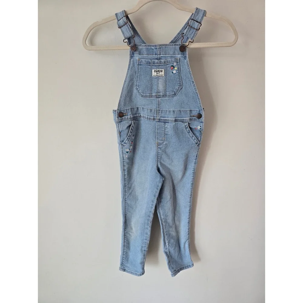 OshKosh Bgosh Girls Light Wash Floral Embroidered Denim Bib Overalls Size 5T